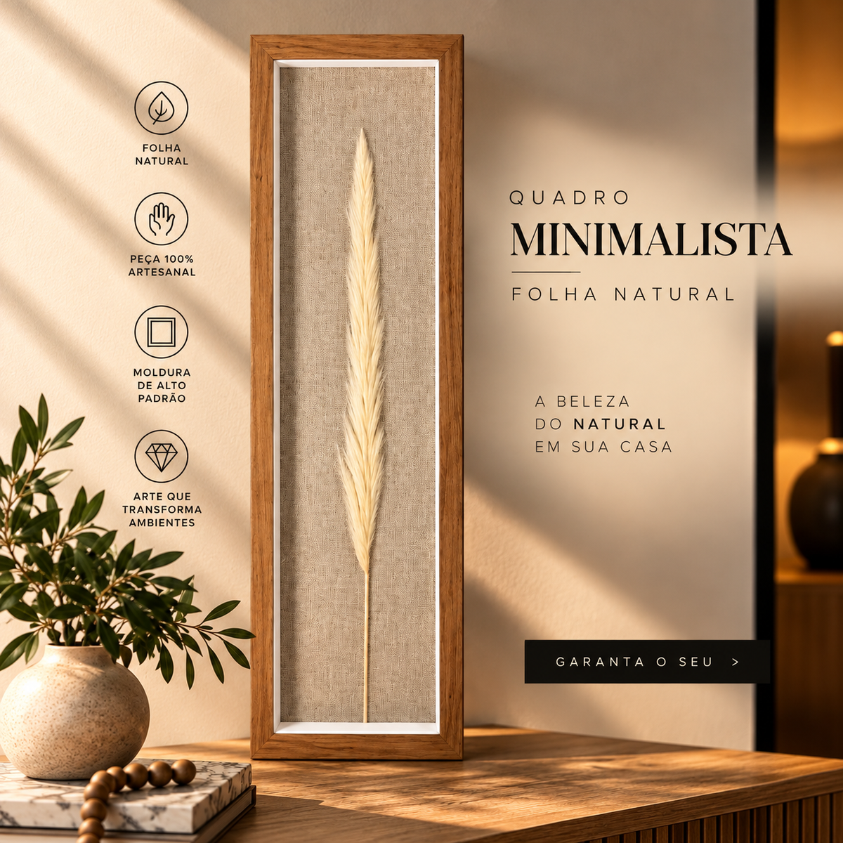 Kit 2 Quadros Florae Folha Natural · Fundo Linho 50x15 · Madeira Clara