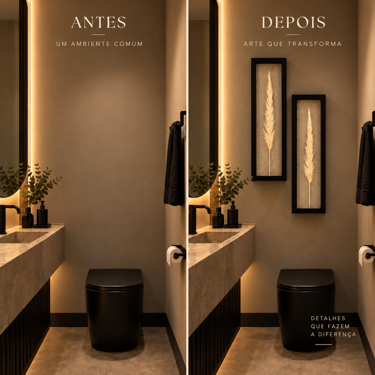 Kit 2 Quadros Florae Folha Natural · Fundo Linho 50x15 · Moldura Preta