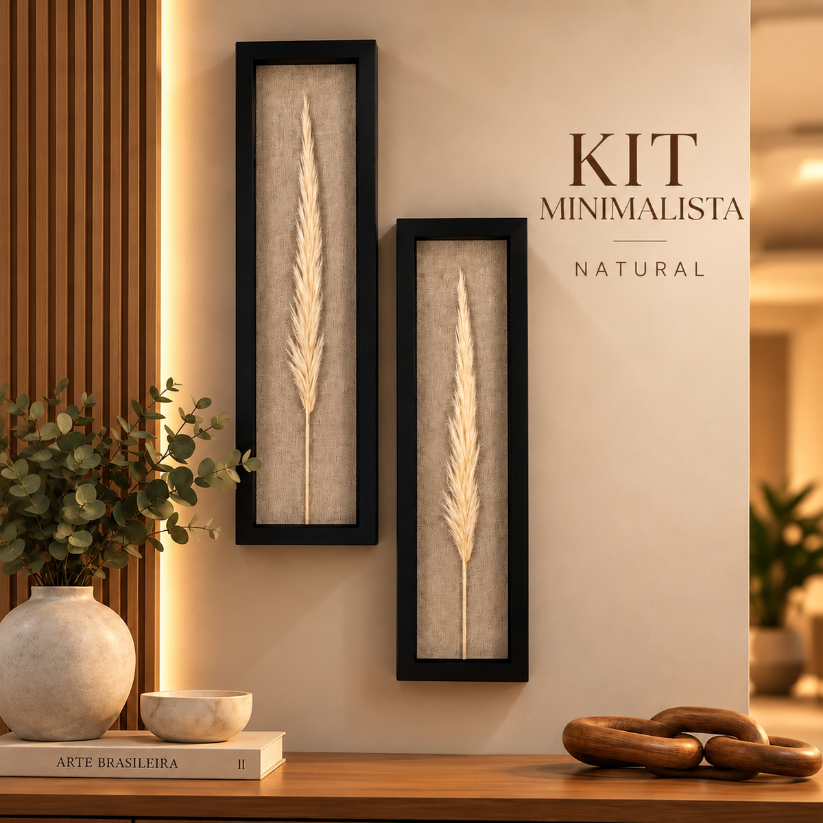 Kit 2 Quadros Florae Folha Natural · Fundo Linho 50x15 · Moldura Preta