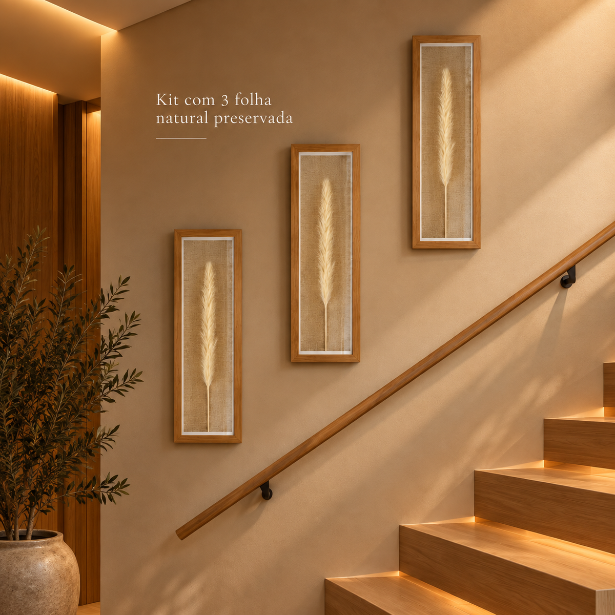Kit 3 Quadros Florae Folha Natural · Fundo Linho 50x15 · Madeira Clara