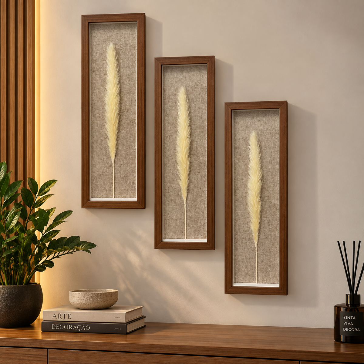 Kit 3 Quadros Florae Folha Natural · Fundo Linho 50x15 · Madeira Escura
