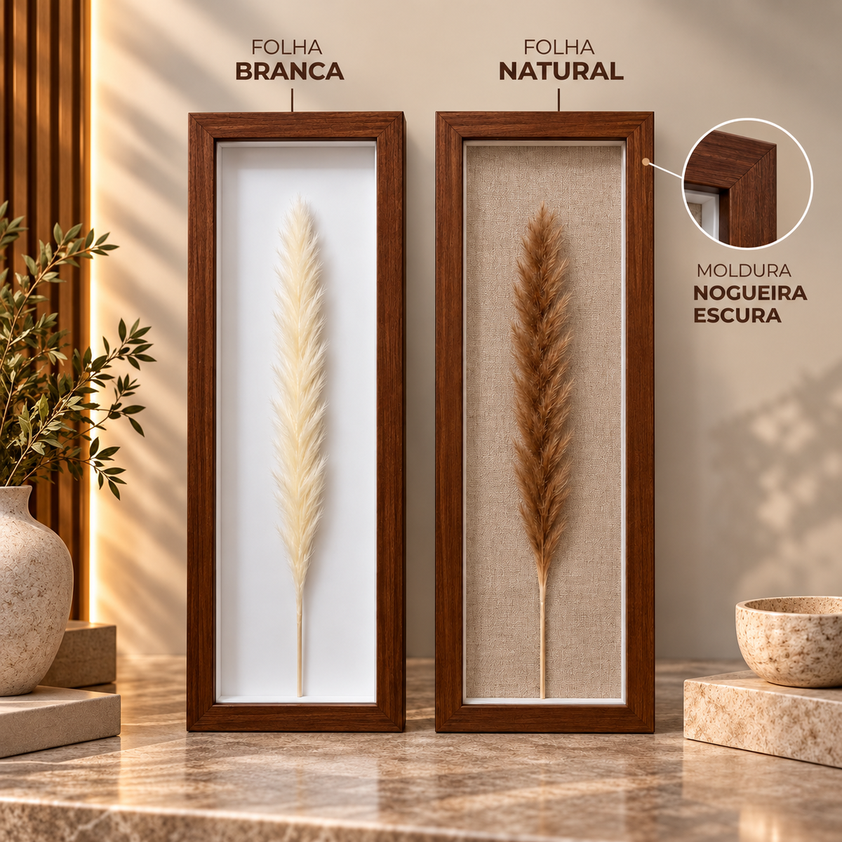 Kit 2 Quadros Florae Folha Natural · Fundo Linho 50x15 · Madeira Escura
