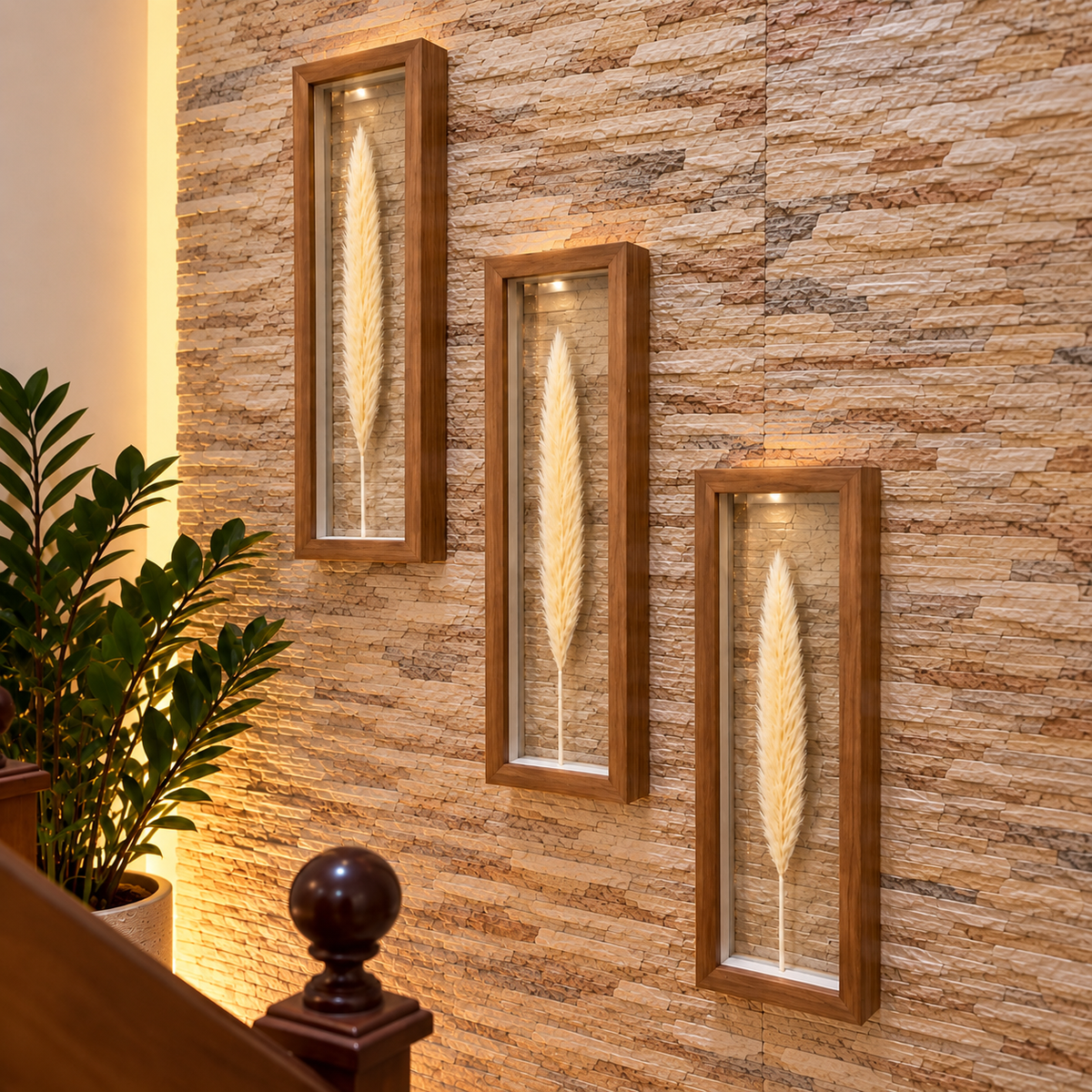 Kit 3 Quadros Florae Folha Natural · Vidro 50x15