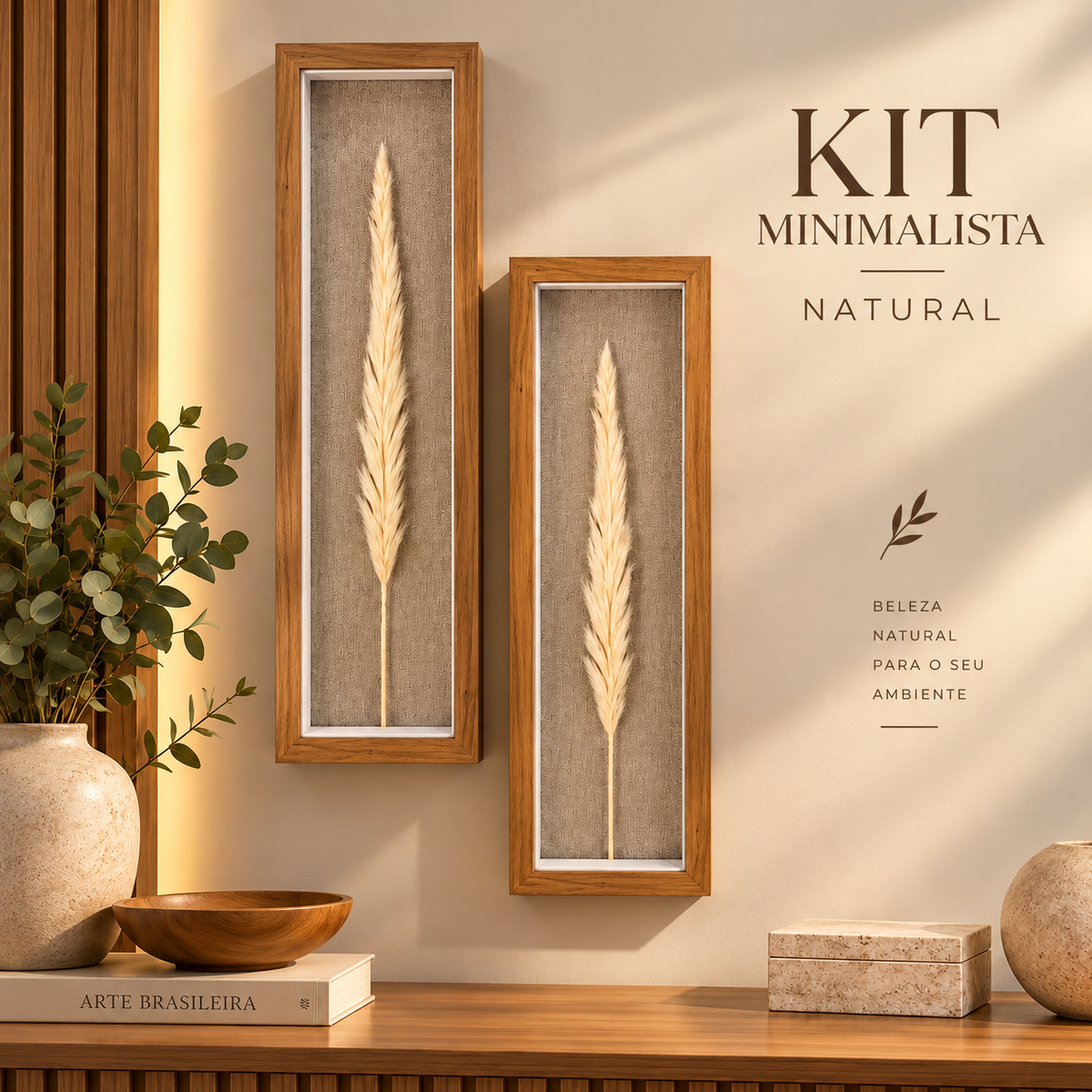 Kit 2 Quadros Florae Folha Natural · Fundo Linho 50x15 · Madeira Clara