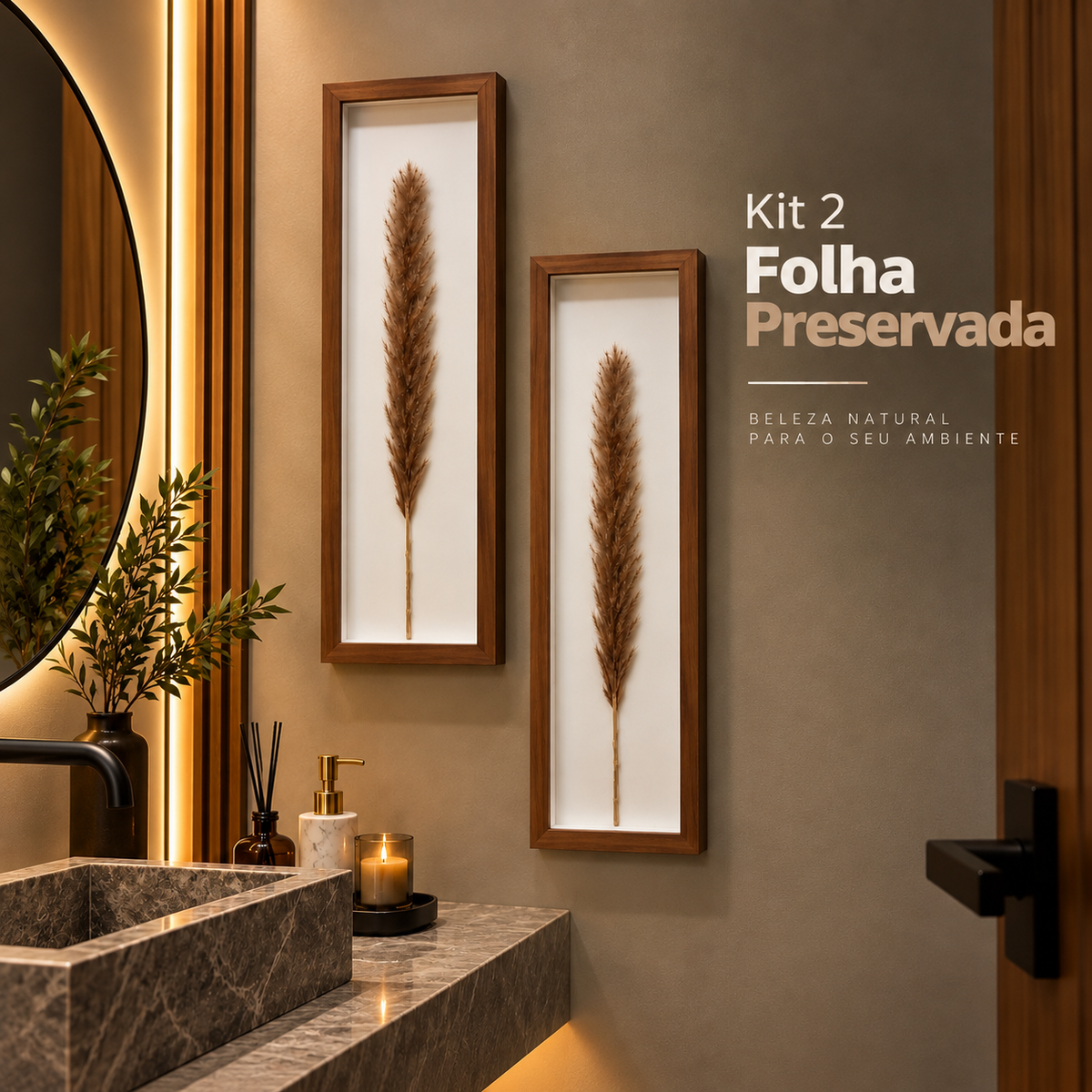 Kit 2 Quadros Florae Folha Natural · Fundo Branco 50x15