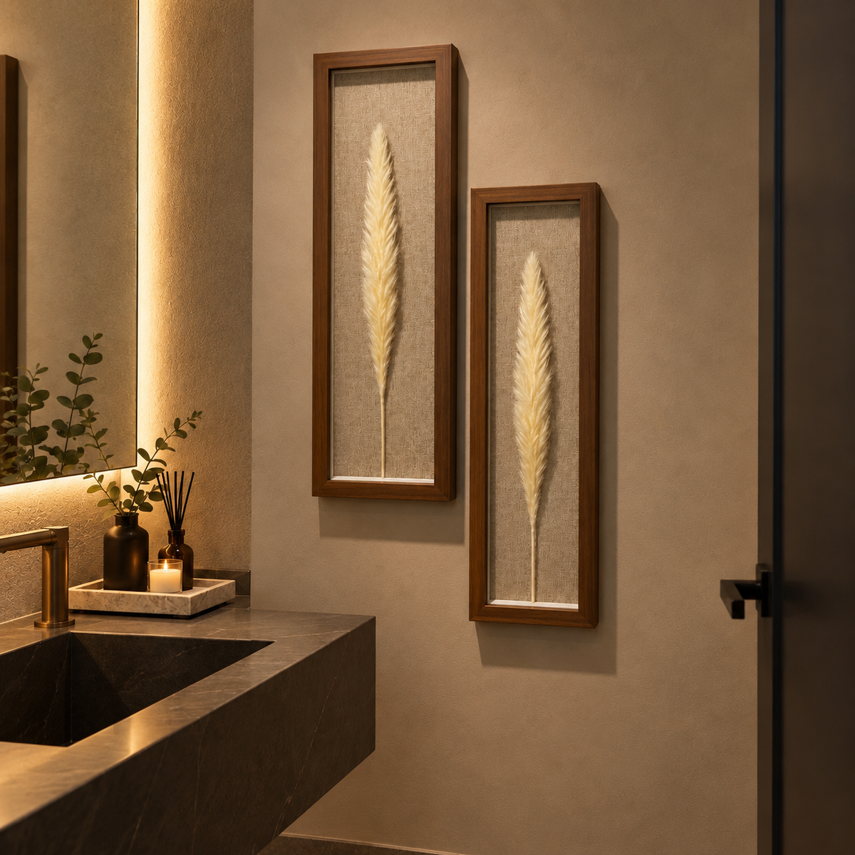 Kit 2 Quadros Florae Folha Natural · Fundo Linho 50x15 · Madeira Escura