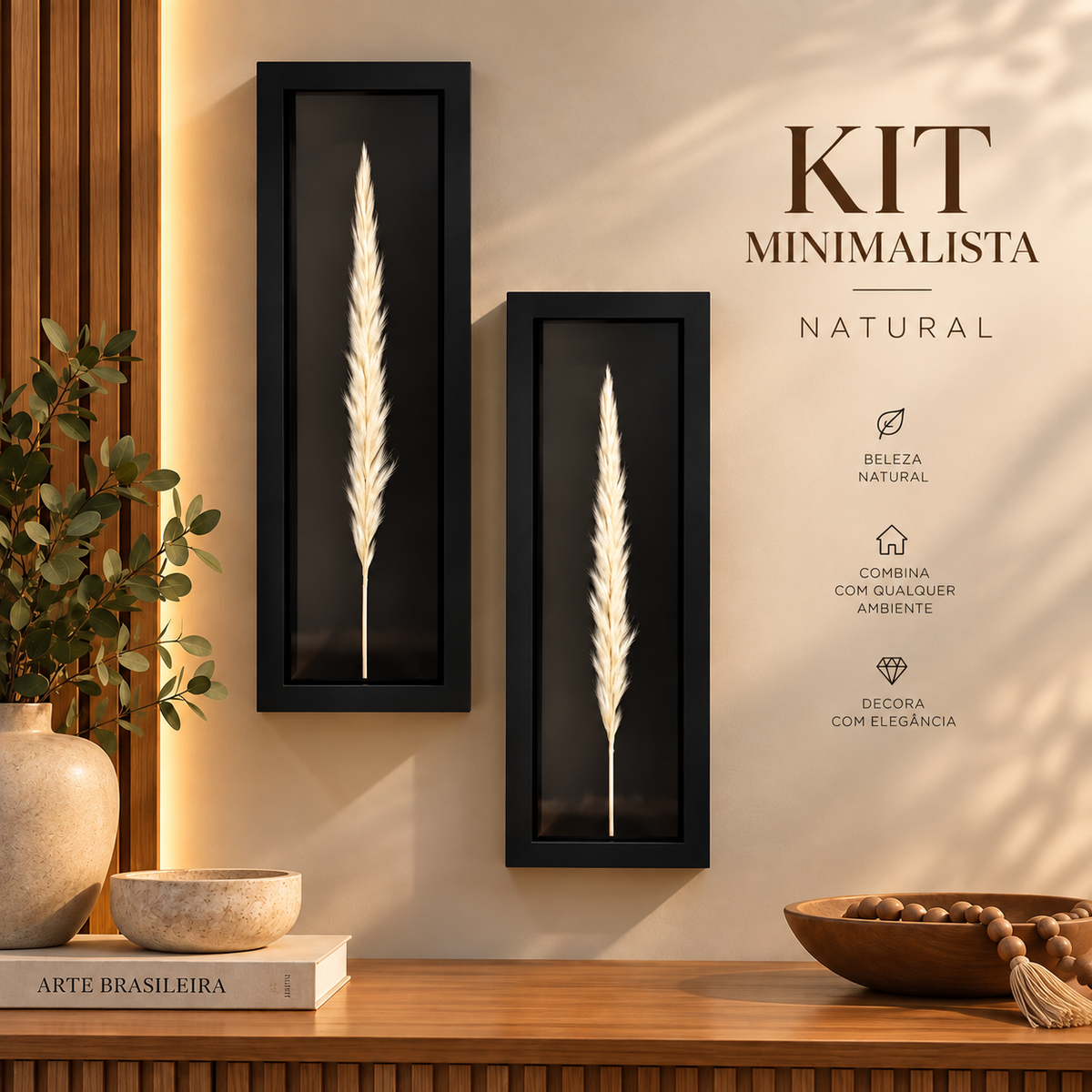 Kit 2 Quadros Florae Folha Natural · Fundo Preto 50x15