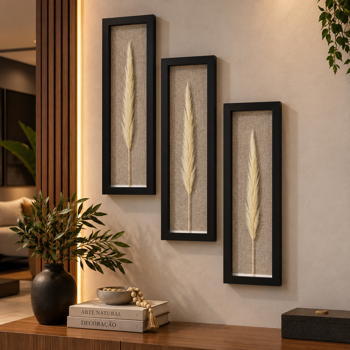 Kit 3 Quadros Florae Folha Natural · Fundo Linho 50x15 · Moldura Preta