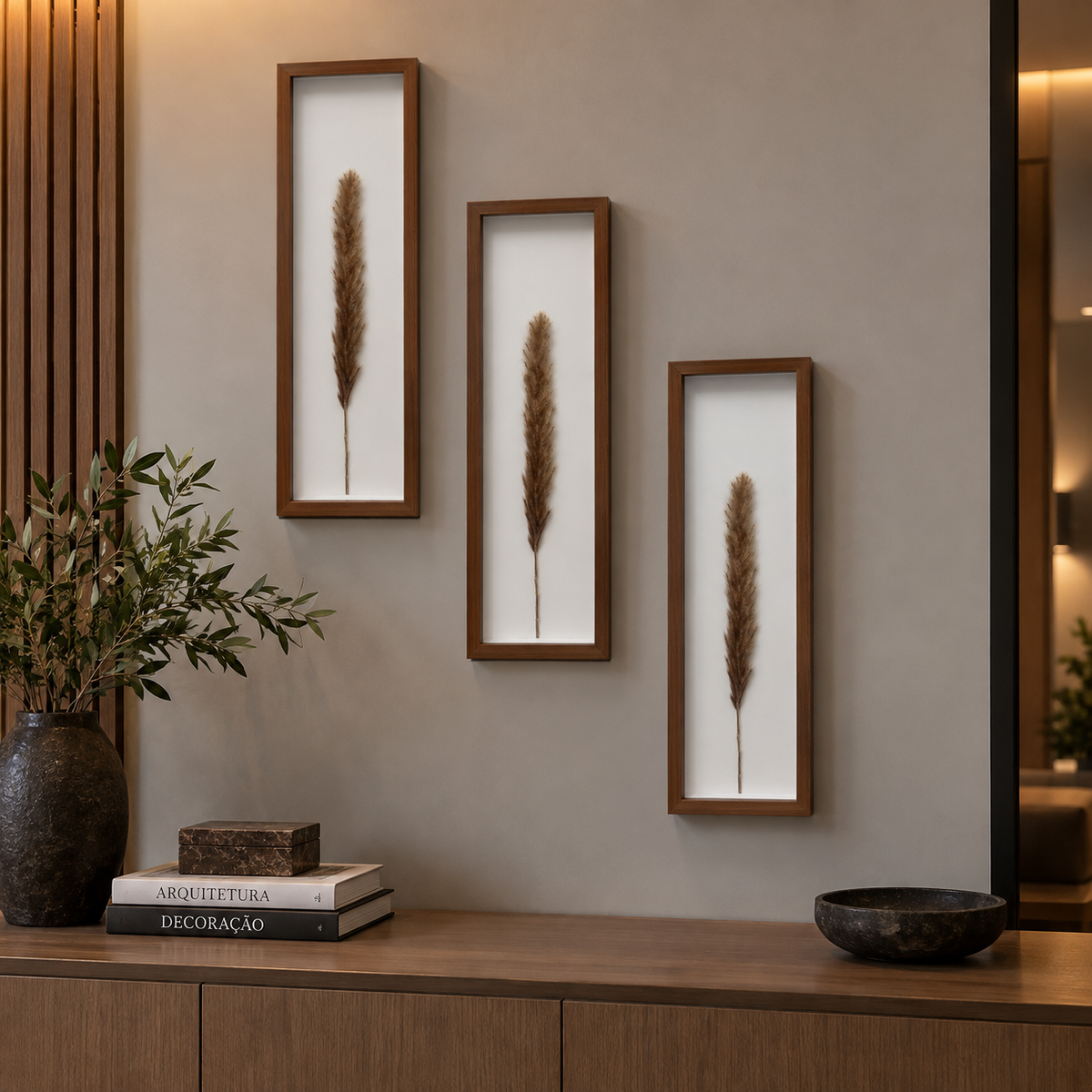 Kit 3 Quadros Florae Folha Natural · Fundo Branco 50x15