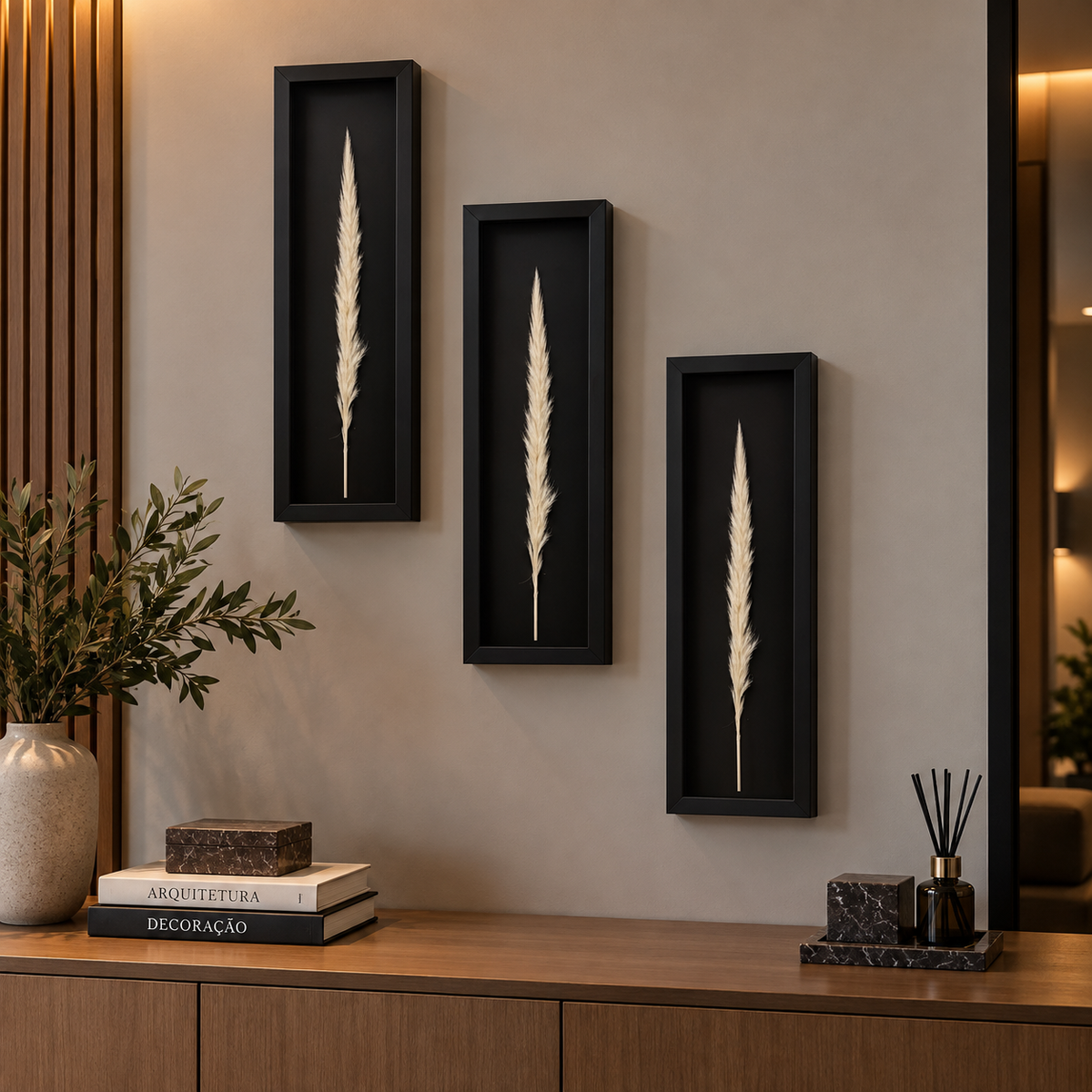 Kit 3 Quadros Florae Folha Natural · Fundo Preto 50x15